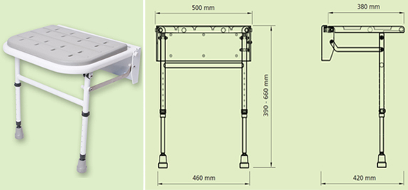 Folding shower seat with legs, back and arms