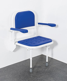 Padded Wall Mounted folding shower seat with legs, back and arms
